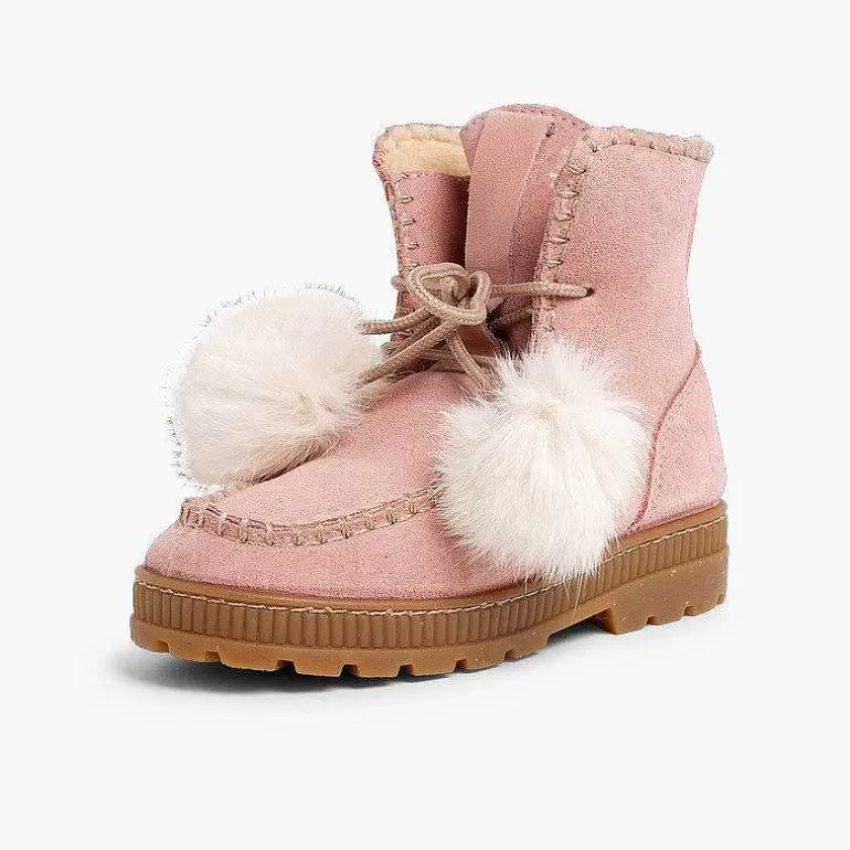 Best Sale Boots With Pompoms Split Leather Girls Girls Boots