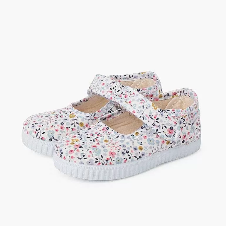 Shop Flower Print Mary Janes With Riptape Strap Girls Mary Janes