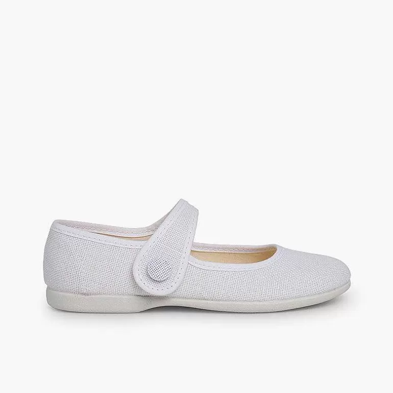 Online Girls' Linen Mary Janes With Loop Fasteners And Button Girls Communion Shoes