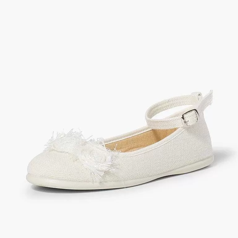 Cheap Linen Ballet Pumps With Ankle Strap And Flower Decoration Girls Communion Shoes