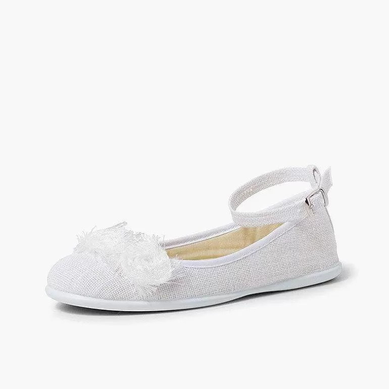 Cheap Linen Ballet Pumps With Ankle Strap And Flower Decoration Girls Communion Shoes
