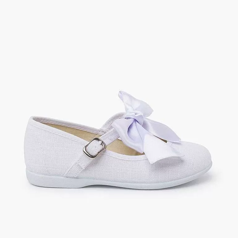 Clearance Linen Mary Janes Ceremony Satin Bow Girls Communion Shoes